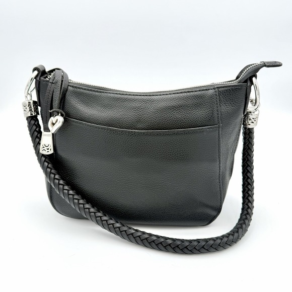Brighton Black Leather Shoulder Bag Braided Strap Silver Heart Charm - Picture 11 of 11